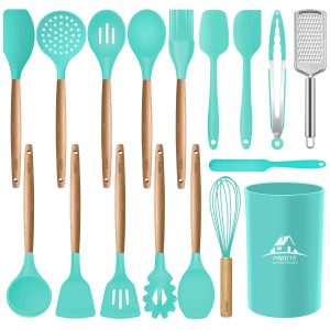 SAMOSER 11pcs Silicone Cooking Kitchen Utensils Set, Bamboo Wooden Handles Cooking Tool BPA Free Non Toxic Silicone Turner Tongs Spatula Spoon Kitchen Gadgets Utensil Set for Nonstick Cookware (Green)
