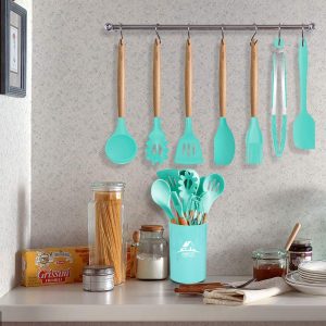 SAMOSER 11pcs Silicone Cooking Kitchen Utensils Set, Bamboo Wooden Handles Cooking Tool BPA Free Non Toxic Silicone Turner Tongs Spatula Spoon Kitchen Gadgets Utensil Set for Nonstick Cookware (Green)