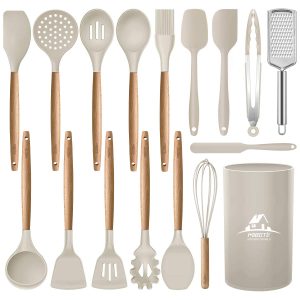 SAMOSER 17 Pcs Silicone Cooking Kitchen Utensils Set with Holder, Wooden Handles BPA Free Non Toxic Silicone Turner Tongs Spatula Spoon Kitchen Gadgets Utensil Set for Nonstick Cookware (Khaki)