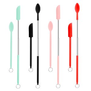Mini Spatula and Spoon Sets, 8pcs Mini Silicone Telescopic Spatula and Scooping Spoon Scalable Silicone Small Jar Scraper Spatula with Hanging Buckle for Kitchen Narrow Bottle Makeup (4 Colors)