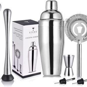 Etens Basic Cocktail Shaker Set, 9pc Mixology Bartender Kit Bar Set for Drink Mixing, Bartending Tools Gifts: Stainless Steel Martini Shaker, Muddler, Strainer, Jigger, Pourer, Mixer Spoon, Recipe