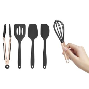 Set of Five Black and Rose Gold Silicone Mini Kitchen Utensil Set