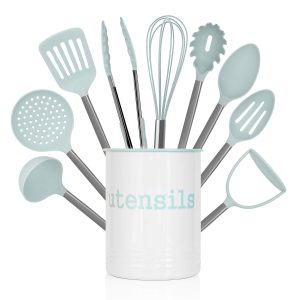 10 Piece Nylon Cooking Utensil Set with Holder, Kitchen Tools and Gadgets with Rounded Gunmetal