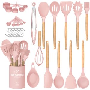 Kitchen Cooking Utensils Set, 33 pcs Non-Stick Silicone Cooking Kitchen Utensils Spatula Set with Holder, Wooden Handle Silicone Kitchen Gadgets Utensil Set (Pink)