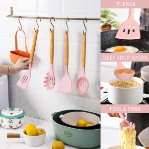 Kitchen Cooking Utensils Set, 33 pcs Non-Stick Silicone Cooking Kitchen Utensils Spatula Set with Holder, Wooden Handle Silicone Kitchen Gadgets Utensil Set (Pink)
