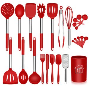Silicone Cooking Utensil Set,Kitchen Utensils 26 Pcs Cooking Utensils Set,Non-stick Heat Resistant Silicone,Cookware with Stainless Steel Handle – Red