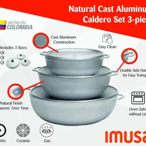 3Pieces Colombian Cast Aluminum Caldero or Dutch Oven Set with Lid