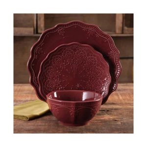 Farmhouse Lace 12-Piece Dinnerware Set, Claret