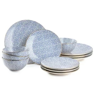 Dinnerware Blue & White Dot Stoneware, 12 Piece Set