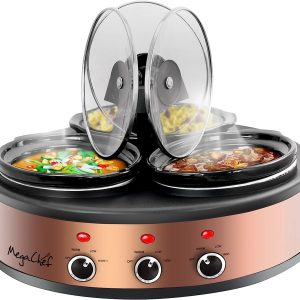 MegaChef MC-1103 Round Triple 1.5 Quart Slow Cooker and Buffet Server Copper 3 Ceramic Cooking Pots and Removable Lid Rests, Brushed Copperwith Black Finish