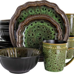 Elama Stoneware Round Oval Dinnerware Dish Set, Jade Green