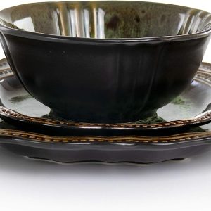 Elama Stoneware Round Oval Dinnerware Dish Set, Jade Green