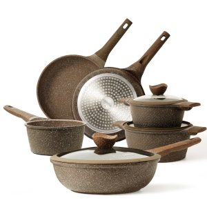 Carote Nonstick Granite Cookware Sets, 9 Pcs Brown Granite Pots and Pans Set
